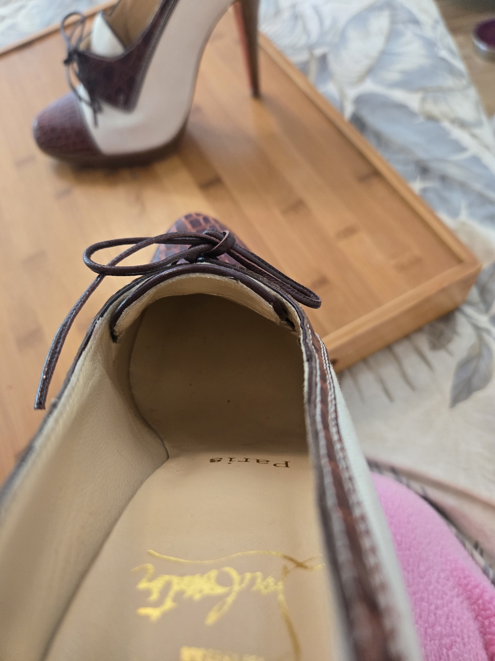 ⭐Auth Christian Louboutin Brown & Cream Leather Lace-Up Pumps 36.5 - Picture 7 of 16